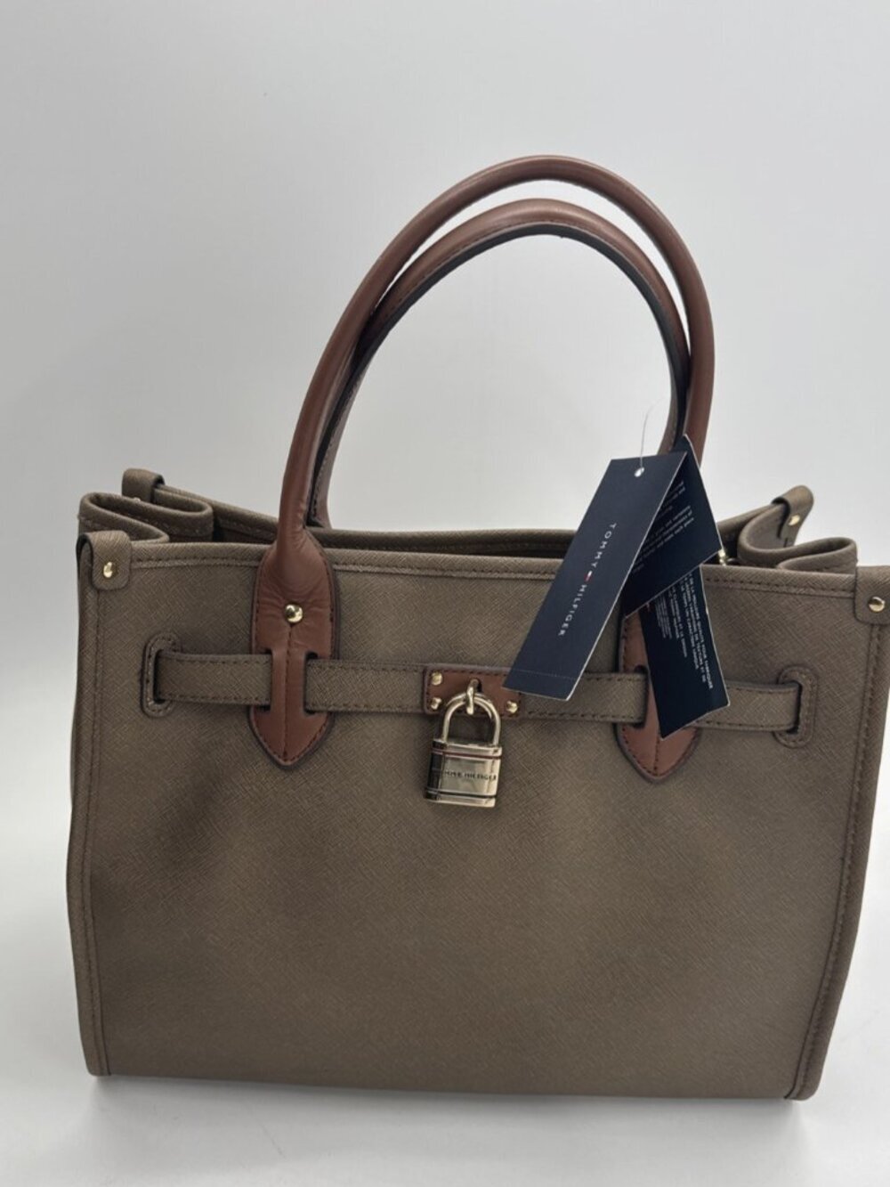 Tommy Hilfiger Shopper Tote Shoulder Bag Olive Green Tan Canvas Purse Strap NEW